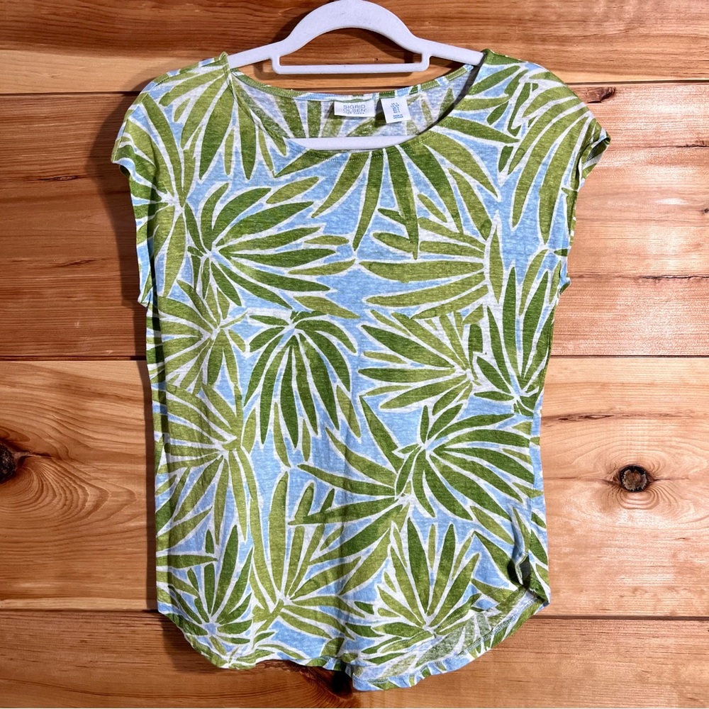 Sigrid Olsen Green & Blue Leaf Print Tab Sleeve Linen Top Summer Tropical Cool